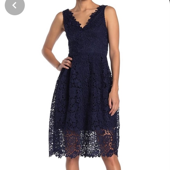 NWT Astr V-Neck Lace Fit & Flare navy blue Dress - Picture 1 of 9